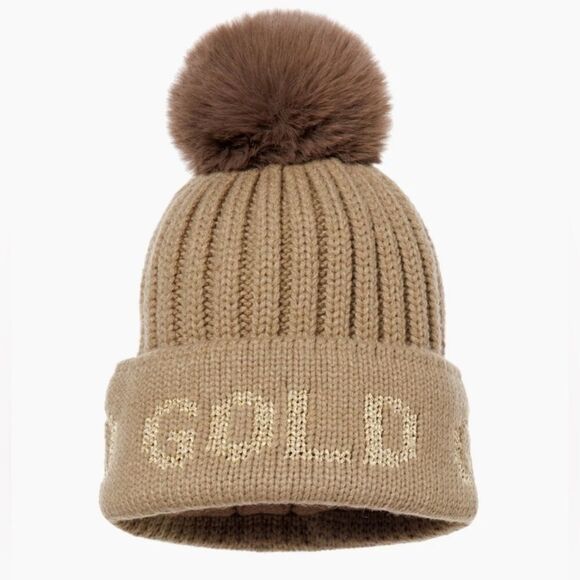 Goldbergh Ski Faux Fur Beanie Hat Marmottes Tan Gold Logo NWT - Picture 2 of 4